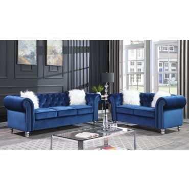 Lazo Blue Velvet Chesterfield Sofa Set