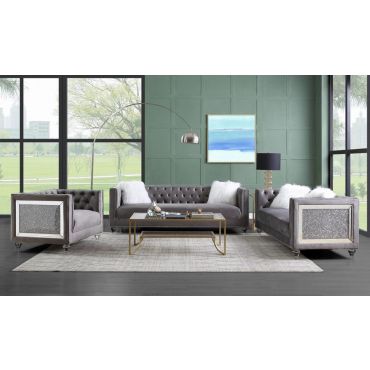 Mary Grey Velvet Sofa Set With Glitter Sides