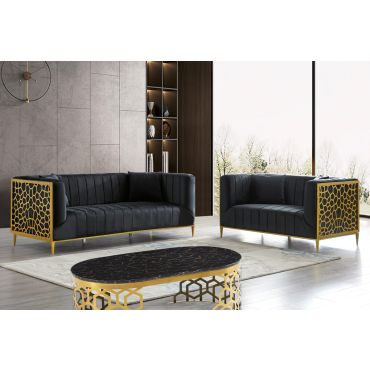 Opal Black Velvet Sofa Set With Gold Frame