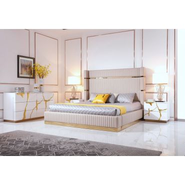 Rebeca Beige Leather Bed With Gold Accents