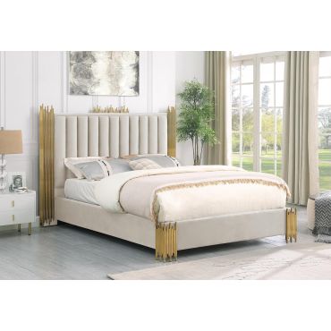 Rexburg Beige Velvet Bed With Gold Trim