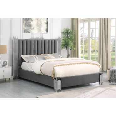 Rexburg Grey Velvet Bed With Chrome Frame