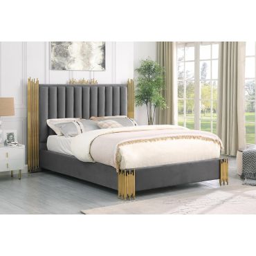 Rexburg Grey Velvet Bed With Gold Accents