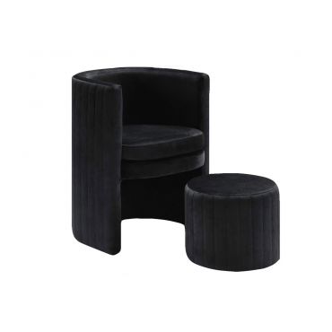 Roven Black Velvet Accent Chair With Ottoman