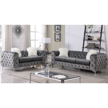 Royce Tufted Grey Velvet Sofa Set