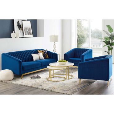 Saskia Navy Blue Velvet Modern Sofa Set