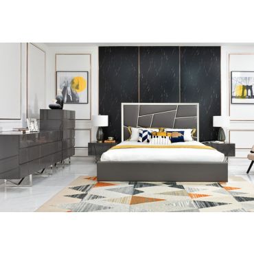 Sharlet Gray Leather Bed Chrome Accent