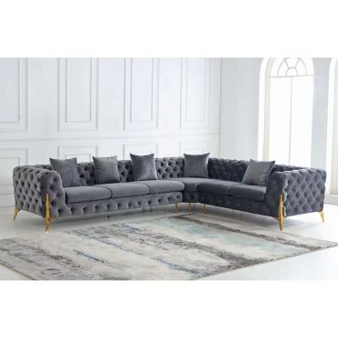 Sheila Grey Velvet Sectional With Gold Legs