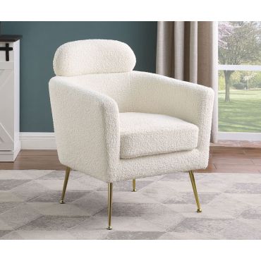 white boucle fabric upholstered accent chair with gold legs