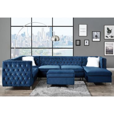 Verity Blue Velvet Sectional Crystal Tufted