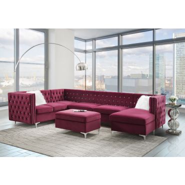 Verity Burgundy Velvet Sectional Crystal Tufted