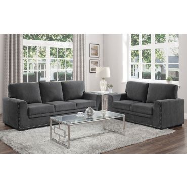 Willex Charcoal Chenille Sofa Set With Nailhead