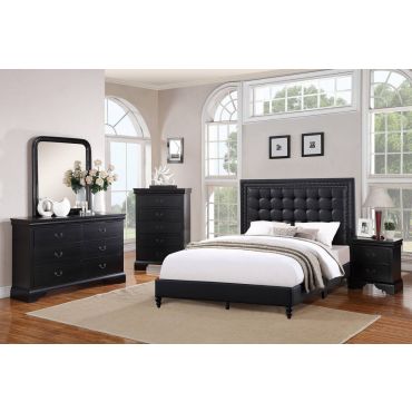 William Tufted Black Leather Bed