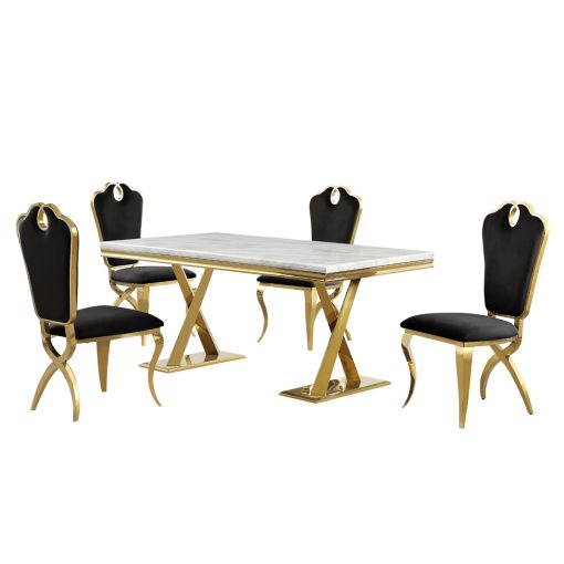 Alisha Faux Marble Top Dining Table With Black Chairs