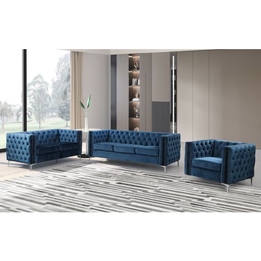 Antares Tufted Blue Velvet Sofa Set