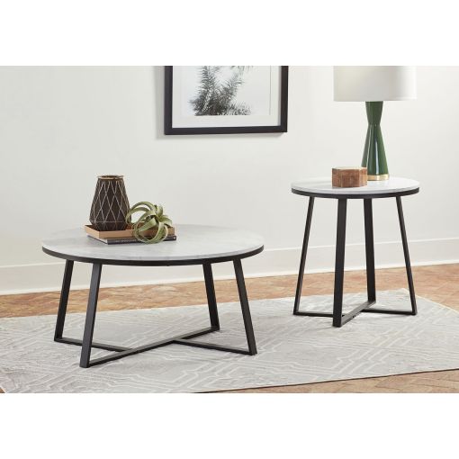 Ayser round faux marble top coffee table with end table
