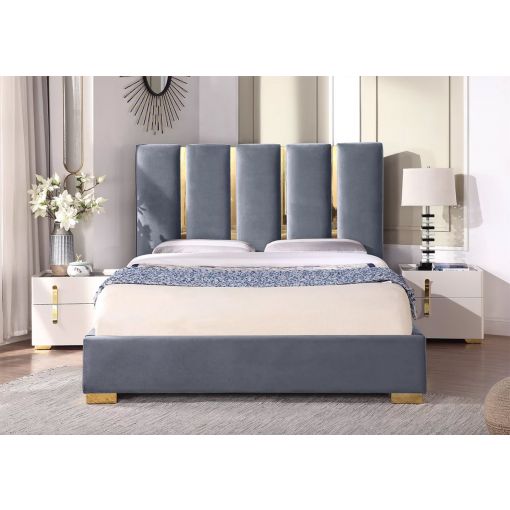 Ersilia Grey Velvet Bed With Gold Accents