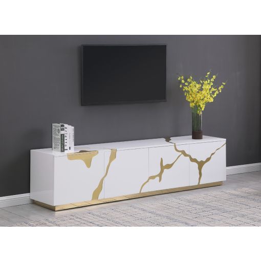 Lava White Lacquer TV Stand With Gold Accents
