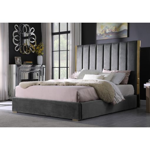 Leilah Grey Velvet Bed With Gold Frame 