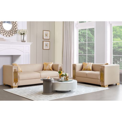 Malory Beige Leather Sofa Set With Gold Trim
