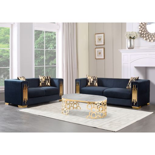 Malory Black Velvet Sofa Set With Gold Trim