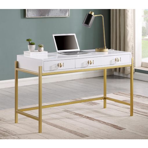 Marabella Glossy White Writing Desk Gold Legs