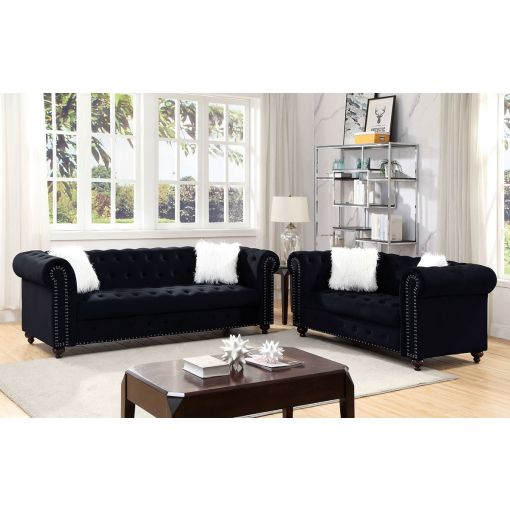 Marys Black Velvet Chesterfield Sofa Set