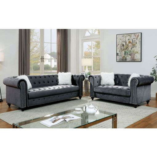 Marys Grey Velvet Chesterfield Sofa Set