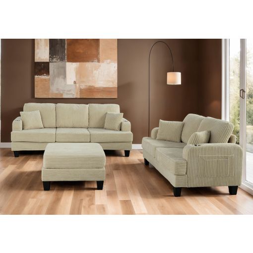Mopac Beige Corduroy Sofa With Cupholders