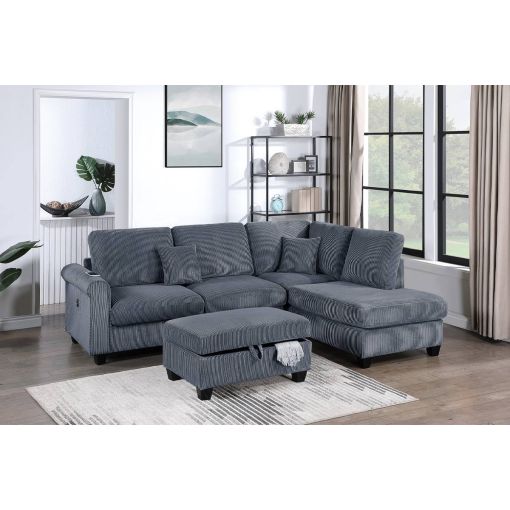 Okes Grey Corduroy Sectional With Ottoman