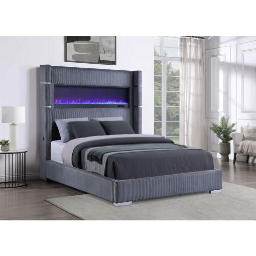 Orsen Tall Headboard Fireplace Bed Grey Corduroy