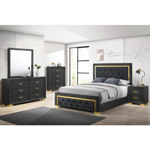 rigley black velvet bed with night stands, dresser and chest, all gold finish accented.