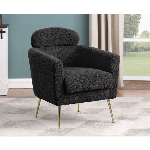 black boucle fabric upholstered accent chair with gold legs