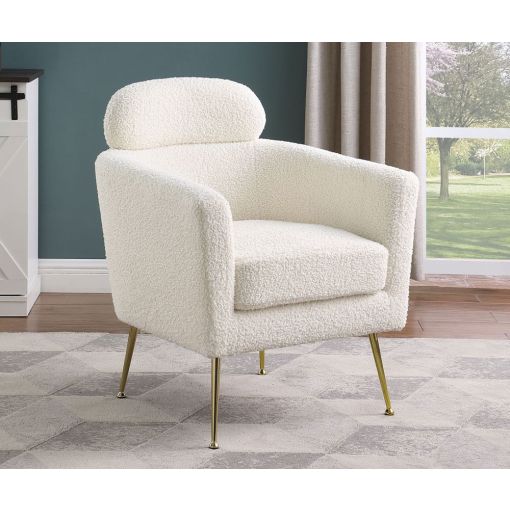 white boucle fabric upholstered accent chair with gold legs