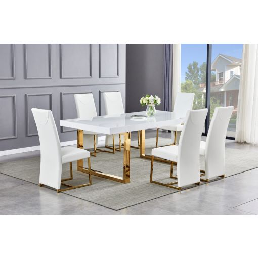 Stirling Glossy White With Gold Dining Table With White Chairs