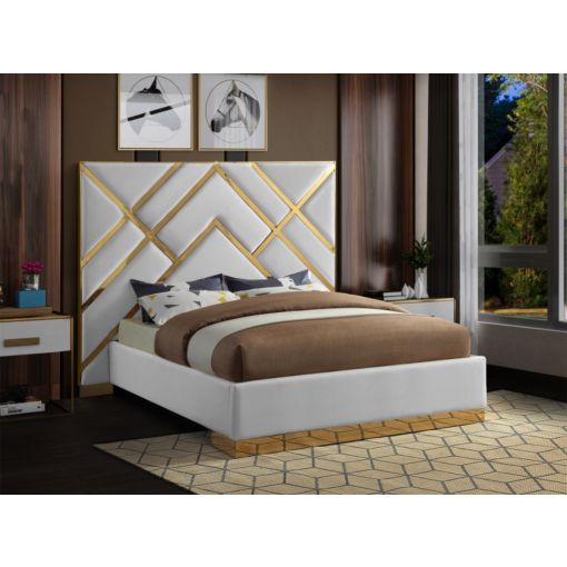 Tristen White Leather Bed With Gold Trim