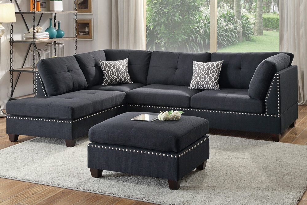 Adnus Black Sectional With Nail Head Trim,Adnus Black Reversible Sectional