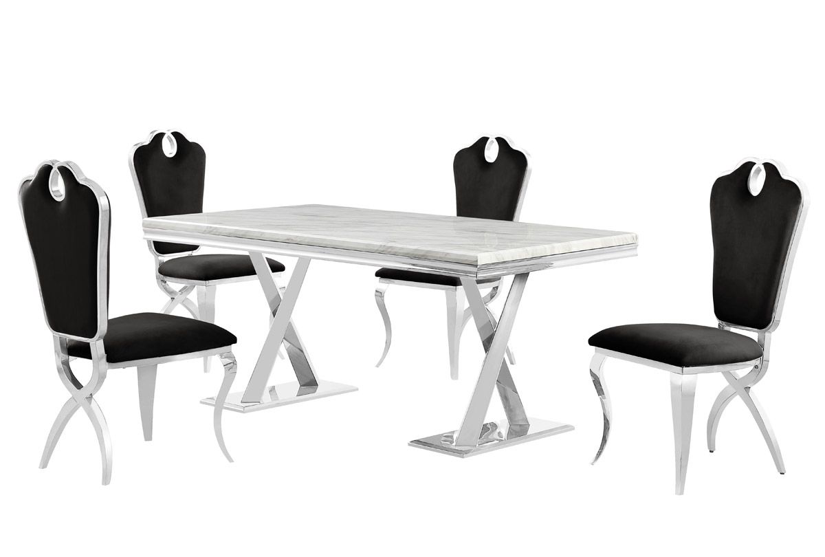 Alisha Faux Marble Dining Table With Black Chairs