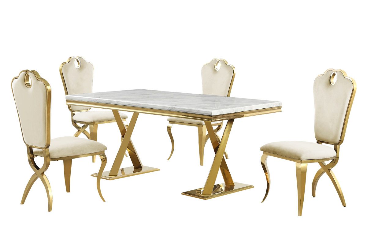 Alisha Faux Marble Top Dining Table With Cream Chairs