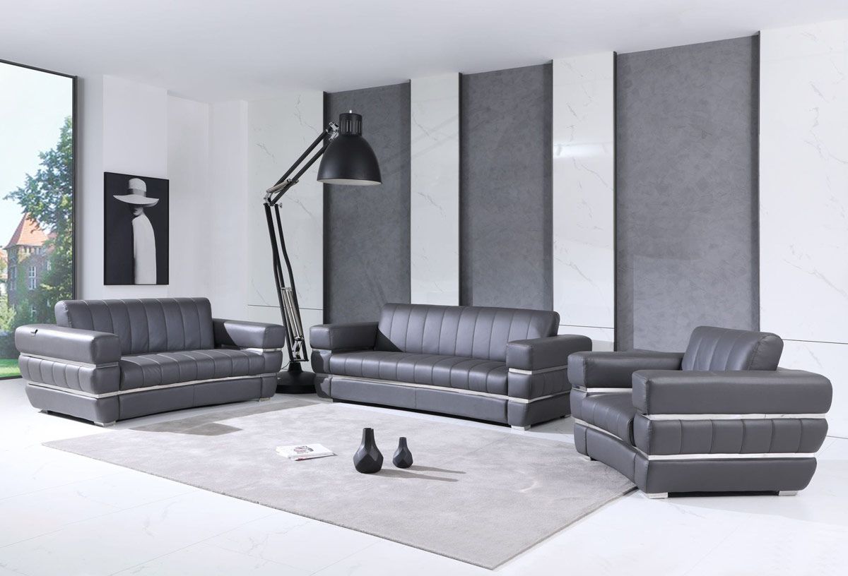 Allison Grey Italian Leather Sofa Set