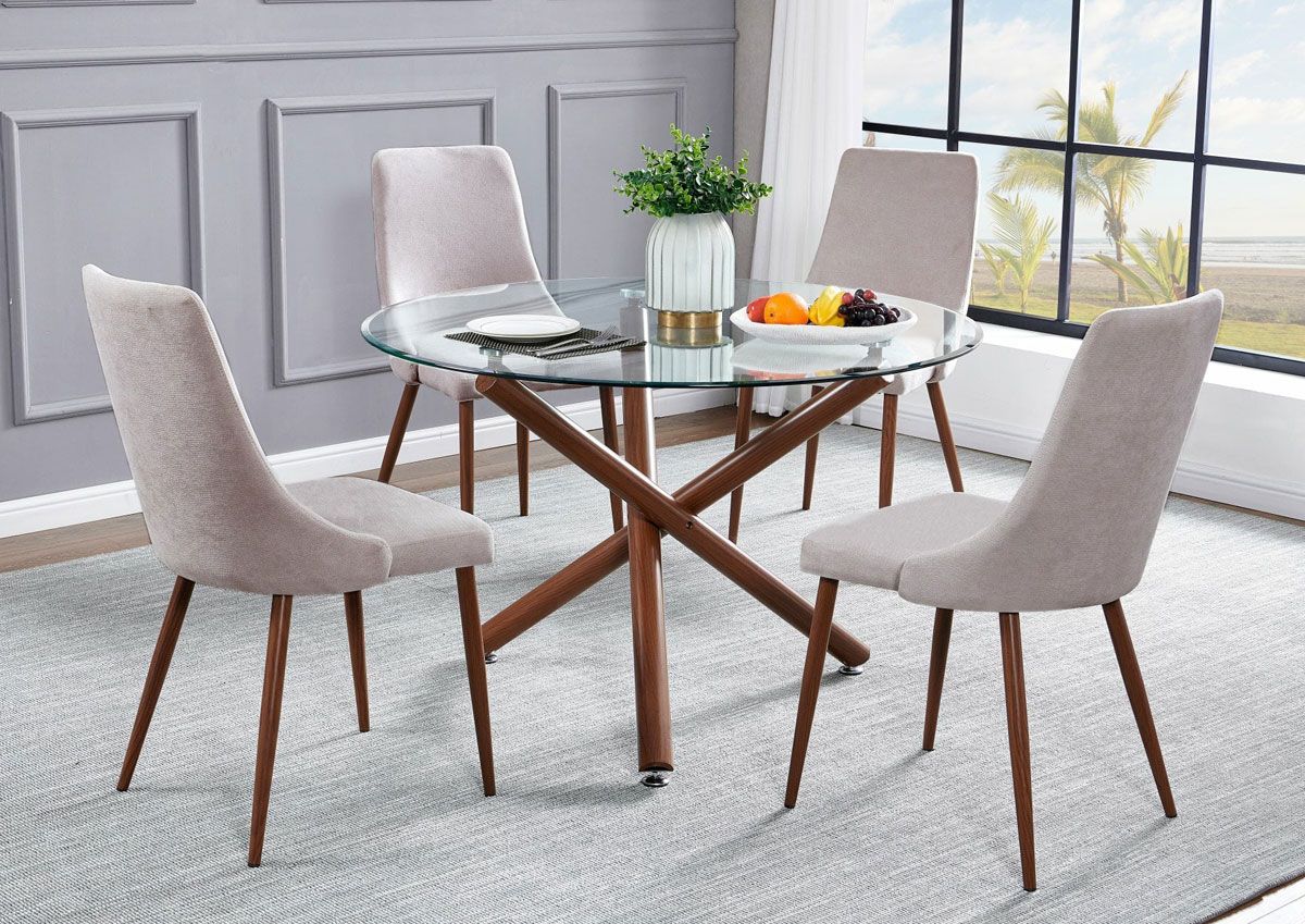Allspice Round Glass Top Dining Table Set Beige Chairs