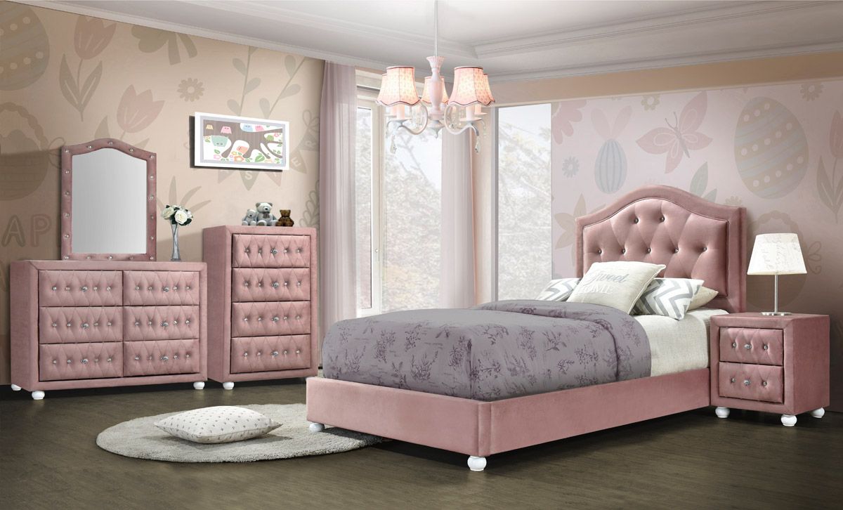 Alona Pink Fabric Bed With Crystals