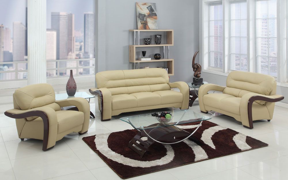 Alpha Beige Genuine Leather Living Room Set