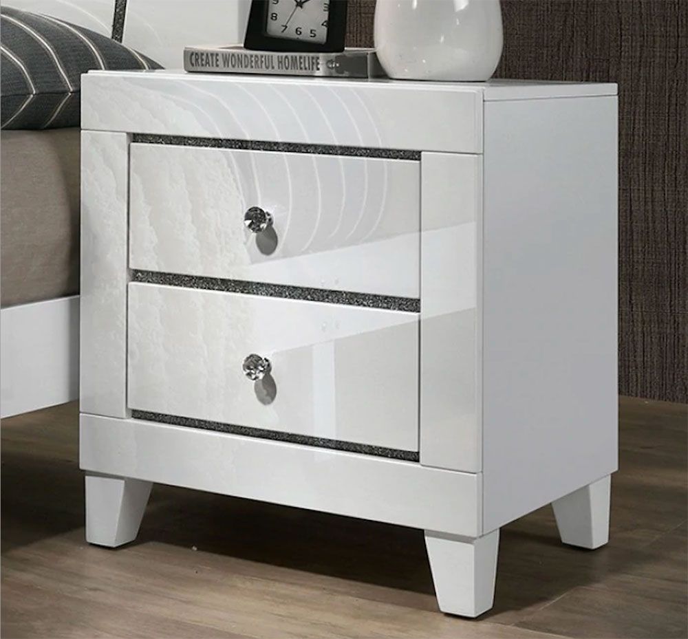Amory White Lacquer Night Stand With Glitter Accents