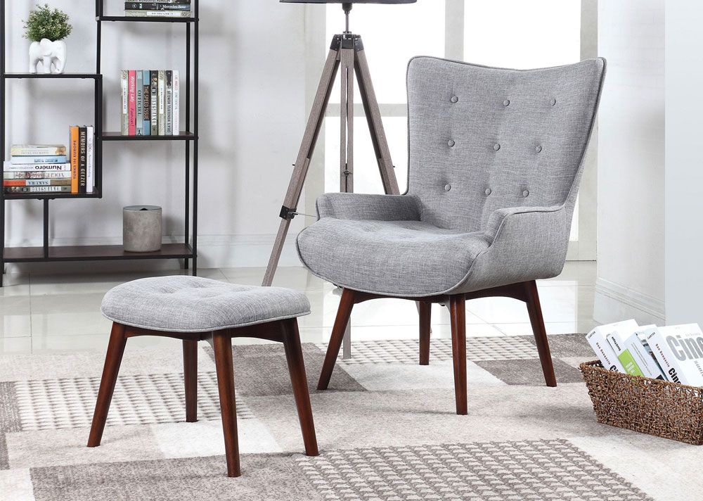 Ansley Grey Linen Accent Chair With Ottoman