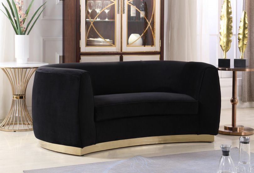 Black velvet modern loveseat with gold finish base