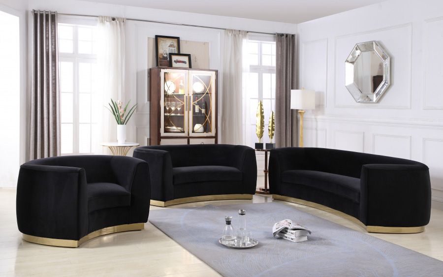 Black velvet modern sofa set with gold finish base