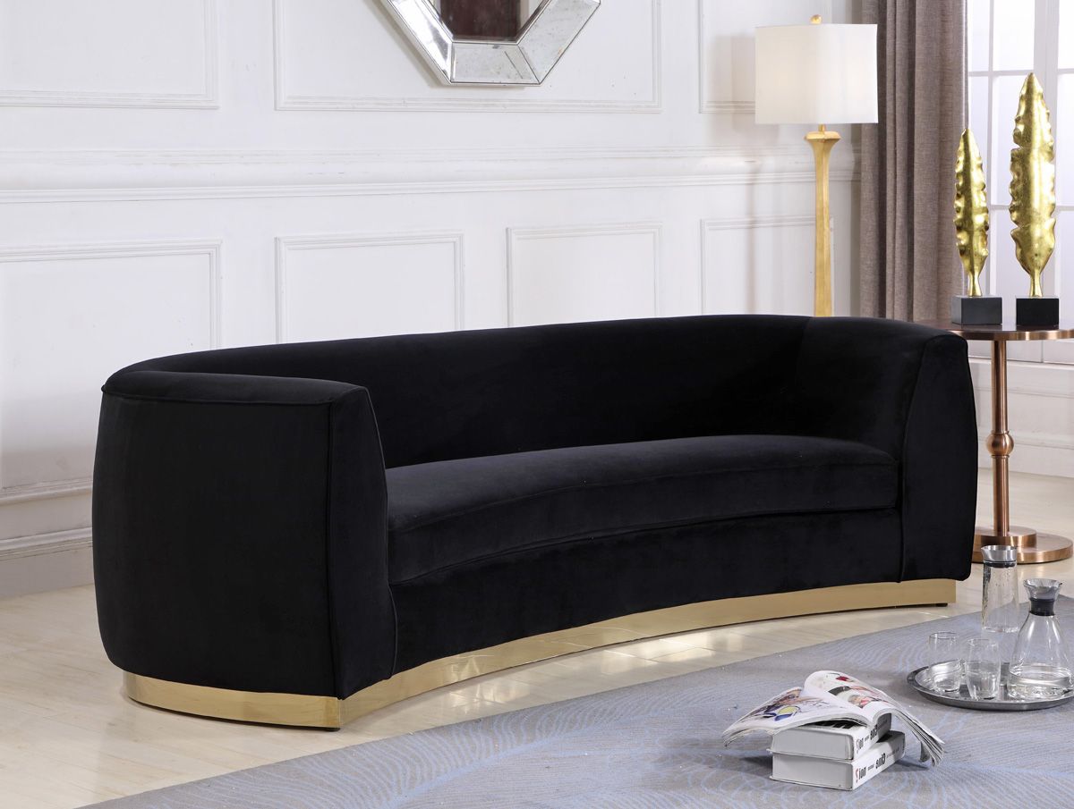 Black velvet modern sofa with gold finish base