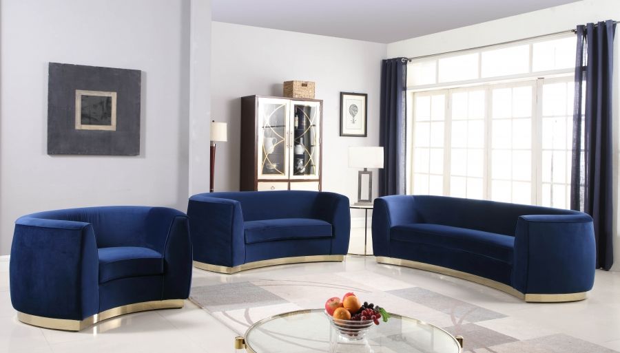 Antonsen Navy Velvet Sofa Set With Gold Finish Base