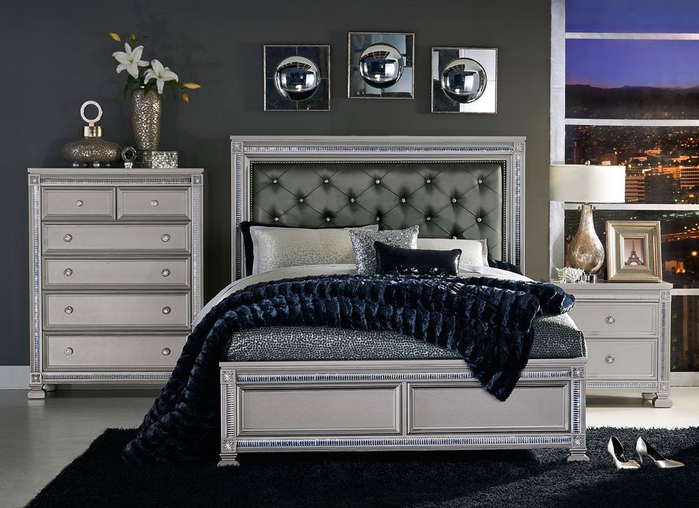 Arata Silver Finish Bed With Crystals